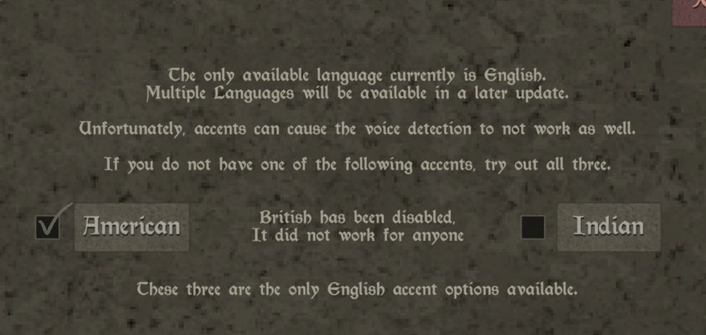 Mage Arena's accents menu; particularly of note is that the British setting has been removed with the explanation:
"British has been disabled,
It did not work for anyone"