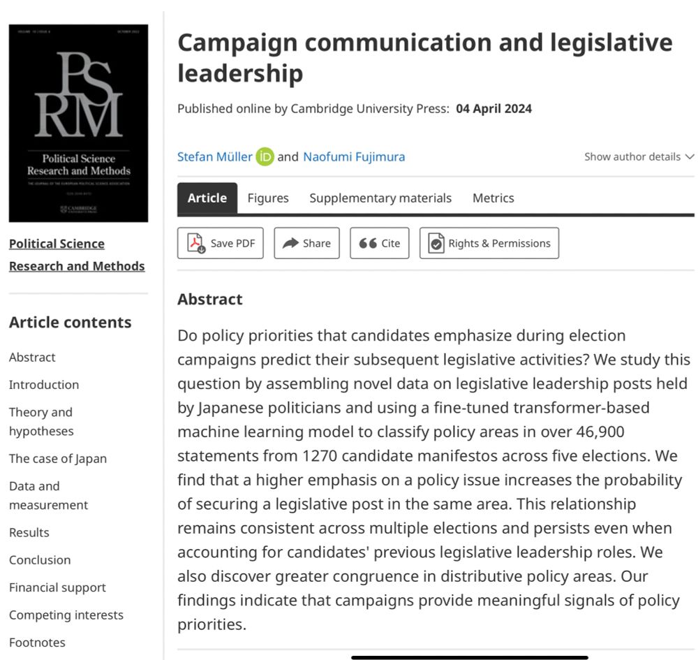 Abstract

Do policy priorities that candidates emphasize during election campaigns predict their subsequent legislative activities? We study this question by assembling novel data on legislative leadership posts held by Japanese politicians and using a fine-tuned transformer-based machine learning model to classify policy areas in over 46,900 statements from 1270 candidate manifestos across five elections. We find that a higher emphasis on a policy issue increases the probability of securing a legislative post in the same area. This relationship remains consistent across multiple elections and persists even when accounting for candidates' previous legislative leadership roles. We also discover greater congruence in distributive policy areas. Our findings indicate that campaigns provide meaningful signals of policy priorities.