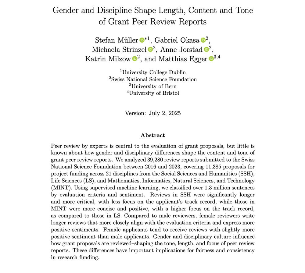 Abstract

Peer review by experts is central to the evaluation of grant proposals, but little is known about how gender and disciplinary differences shape the content and tone of grant peer review reports. We analyzed 39,280 review reports submitted to the Swiss National Science Foundation between 2016 and 2023, covering 11,385 proposals for project funding across 21 disciplines from the Social Sciences and Humanities (SSH), Life Sciences (LS), and Mathematics, Informatics, Natural Sciences, and Technology (MINT). Using supervised machine learning, we classified over 1.3 million sentences by evaluation criteria and sentiment. Reviews in SSH were significantly longer and more critical, with less focus on the applicant’s track record, while those in MINT were more concise and positive, with a higher focus on the track record, as compared to those in LS. Compared to male reviewers, female reviewers write longer reviews that more closely align with the evaluation criteria and express more positive sentiments. Female applicants tend to receive reviews with slightly more positive sentiment than male applicants. Gender and disciplinary culture influence how grant proposals are reviewed–shaping the tone, length, and focus of peer review reports. These differences have important implications for fairness and consistency in research funding.