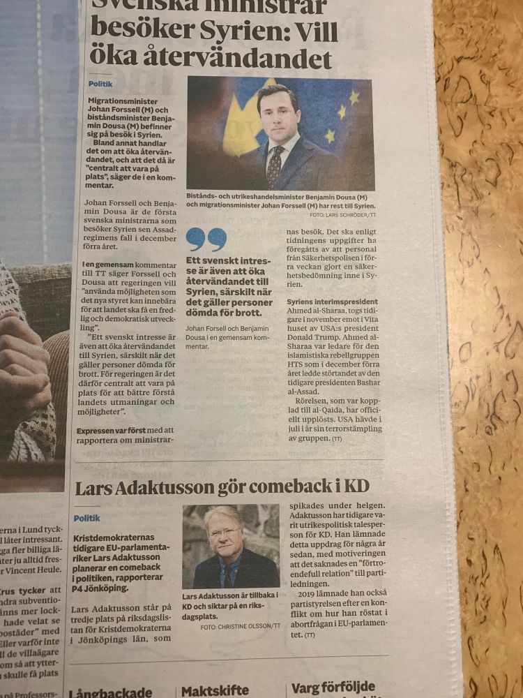 Ministrar besöker Syrien:Vill öka återvändandet och så toppas med att Lars Adaktusson hör comebck i KD. 