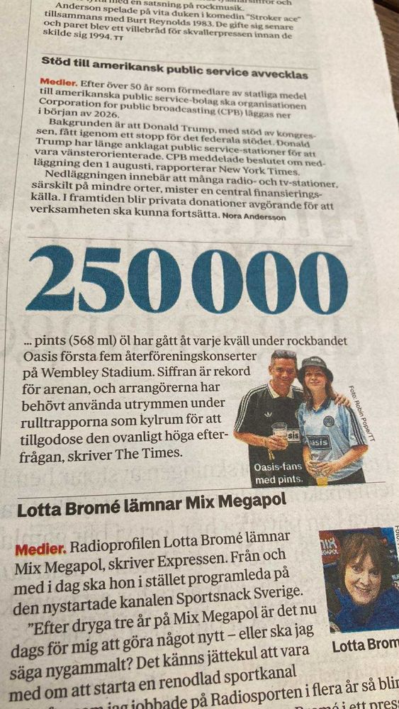 En artikel där det står att det gått 250 000 pints öl per kväll på Wembley när Oasis spelat. 