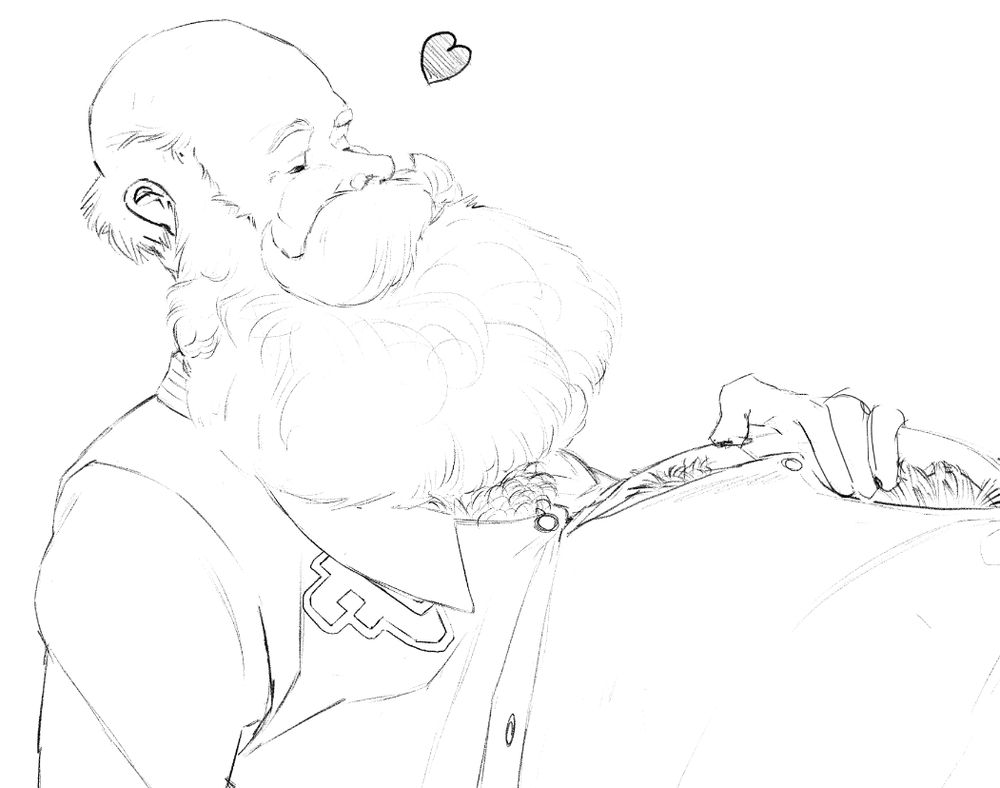 APTF. A hairy man with a large white beard is caressing an oversized burly stomach, body hair showing through the gaps of a strained shirt.
