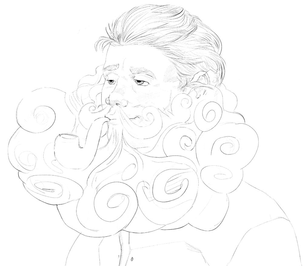 Digital graphite sketch of a man exhaling smoke from a pipe. The smoke surrounds him, similar in appearance of a large beard around his lower face. His eyelids are lowered, his expression seemingly content.