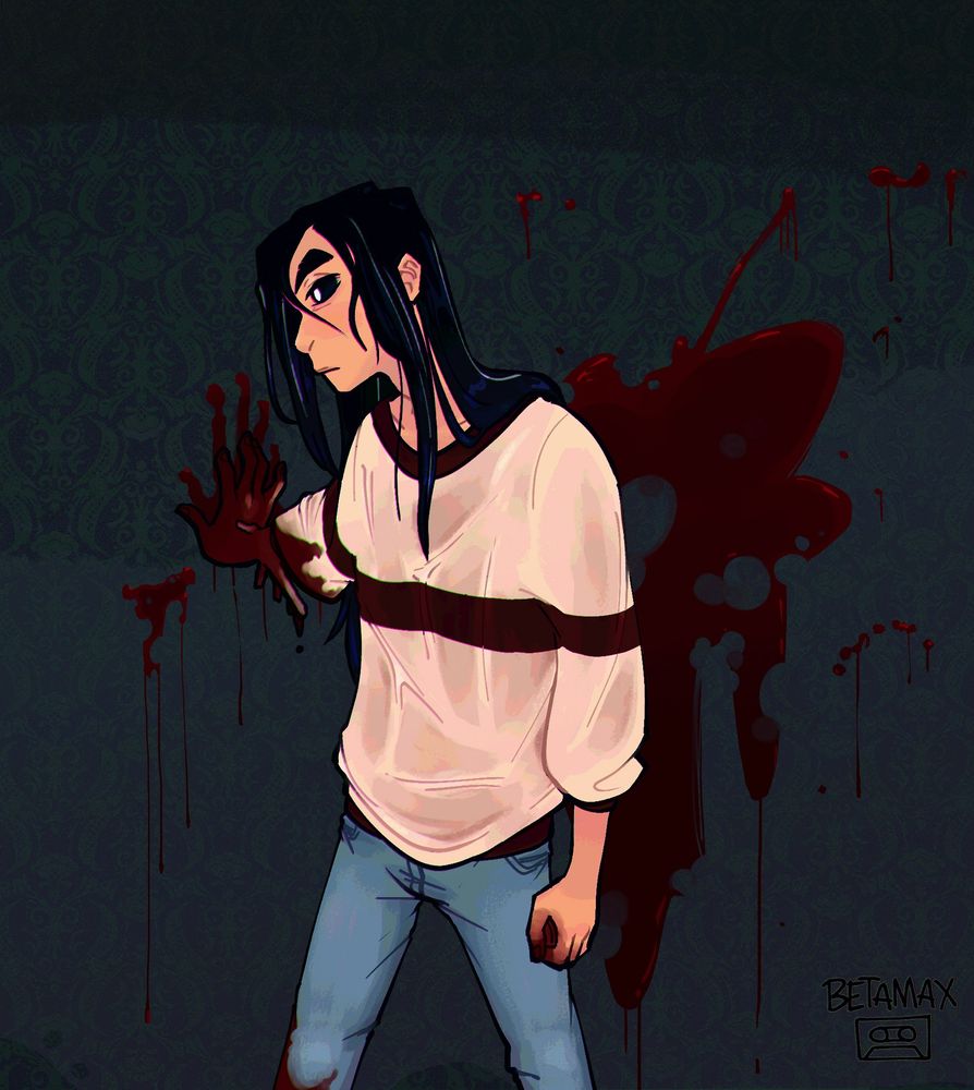 digital art of a cursed non-binary person in soaked clothing walking along a hallway. their right arm has bleached coral jutting from it and it is coated in blood. the hallway also has blood splatters all over it. there is a subtle chromatic aberration effect on the piece
