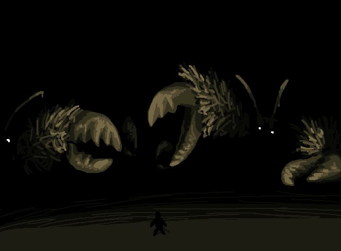 Yeti crabs emerging from the darkness, threatening the little strange creature