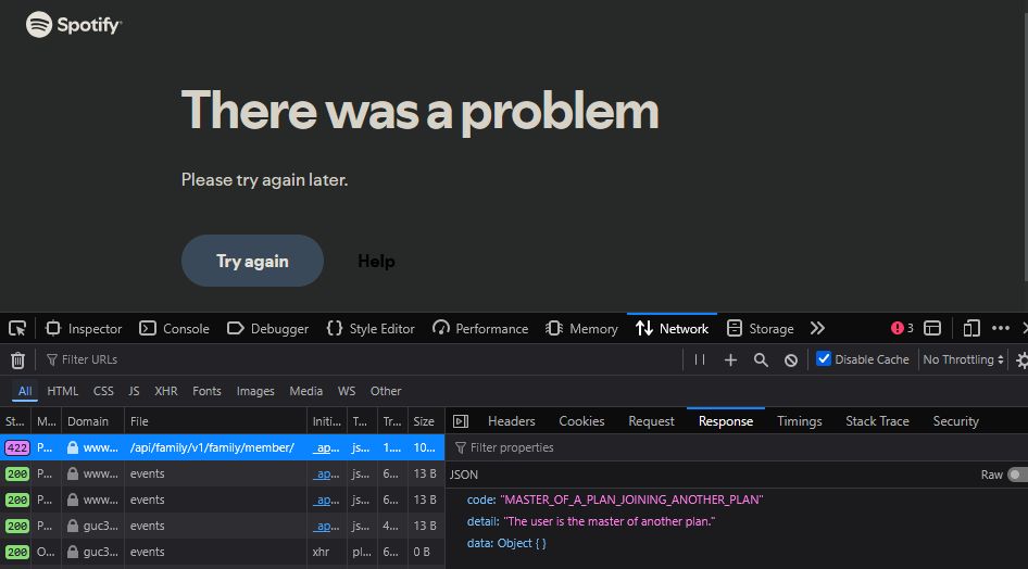Screenshot of a generic error message on the web page, while the network tab shows the actual error.