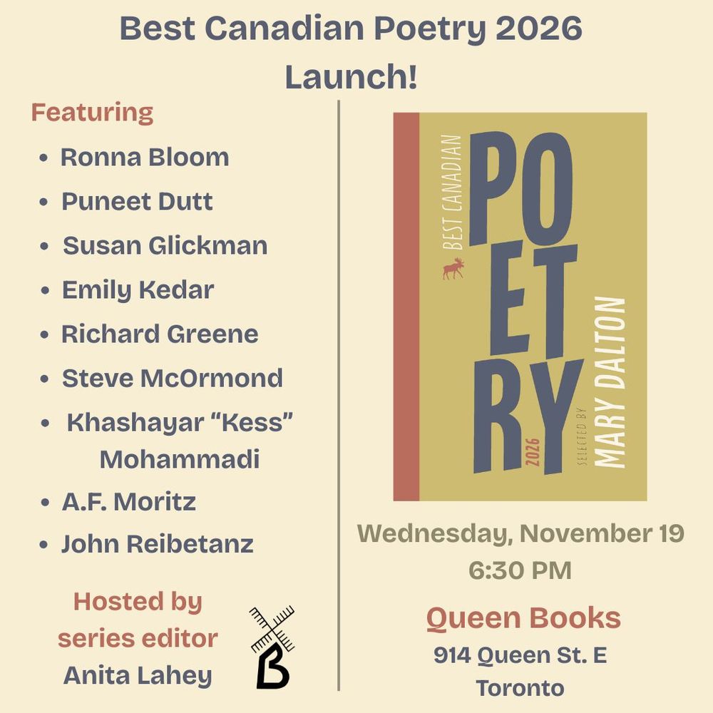 Please join us to celebrate the launch of Best Canadian Poetry 2026 on Wed, Nov 19 at Queen Books, 914 Queen St. East at 6:30 PM.