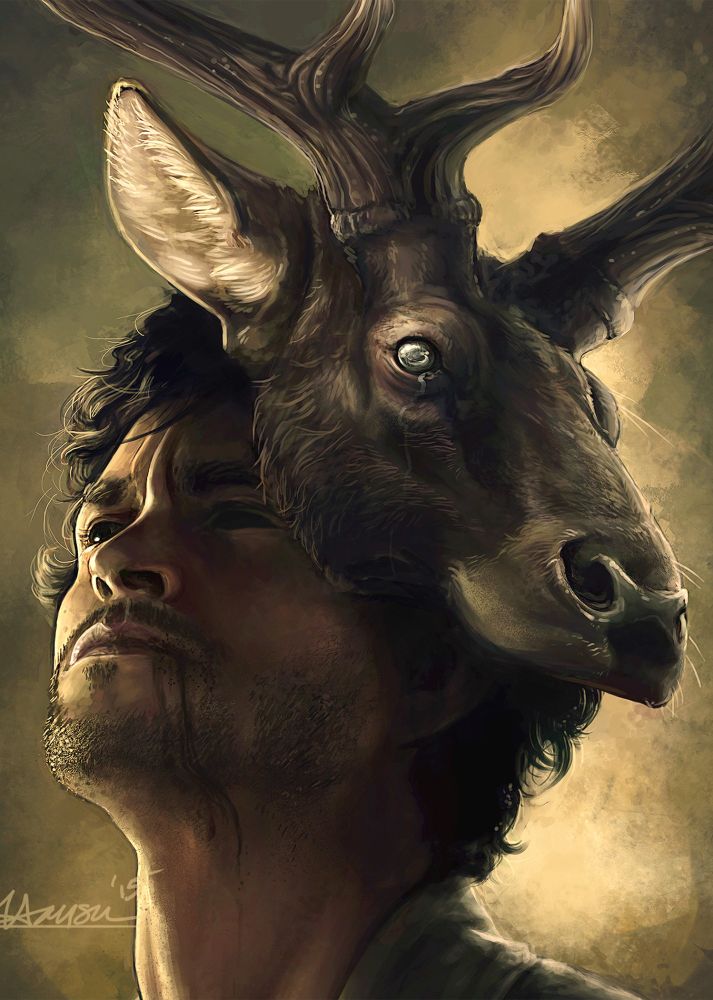 Hugh Dancy as Will Graham, the head of a stag overlaying his head. 