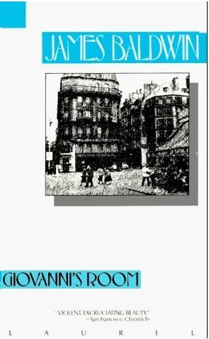 The cover of a paperback edition of Giovanni's Room, by James Baldwin. It features a black and white image of a post-war street scene in Paris. 