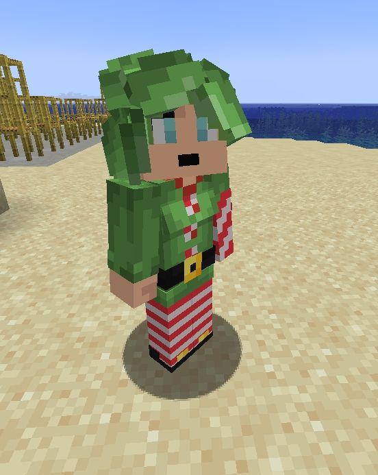 A Minecraft player dressed as a holiday elf