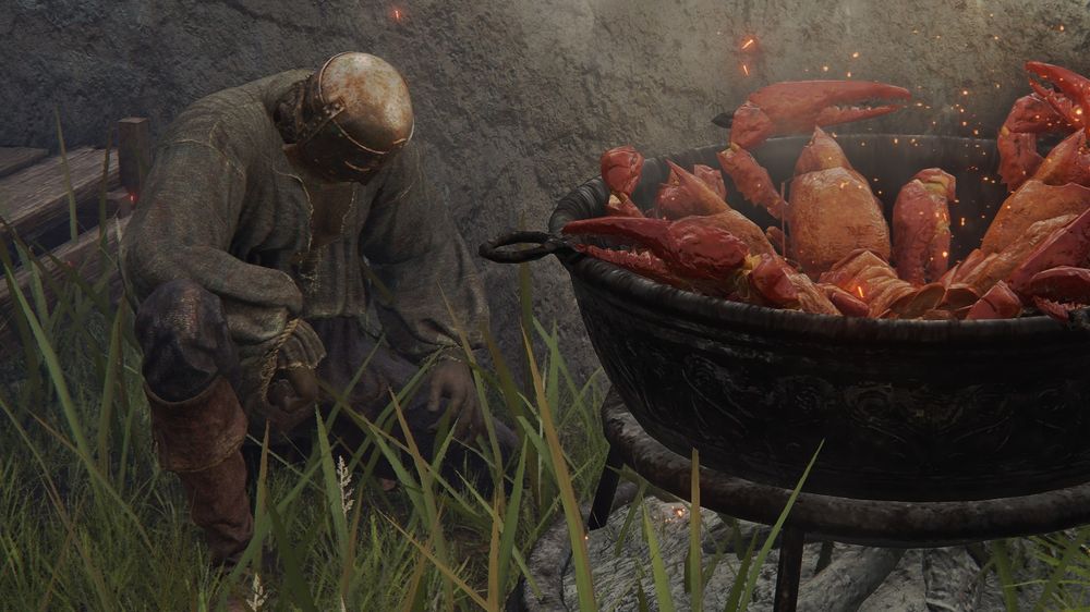 From Elden Ring, a close-up shot of the NPC Big Boggart (left) tending his big pot of shrimp (right).