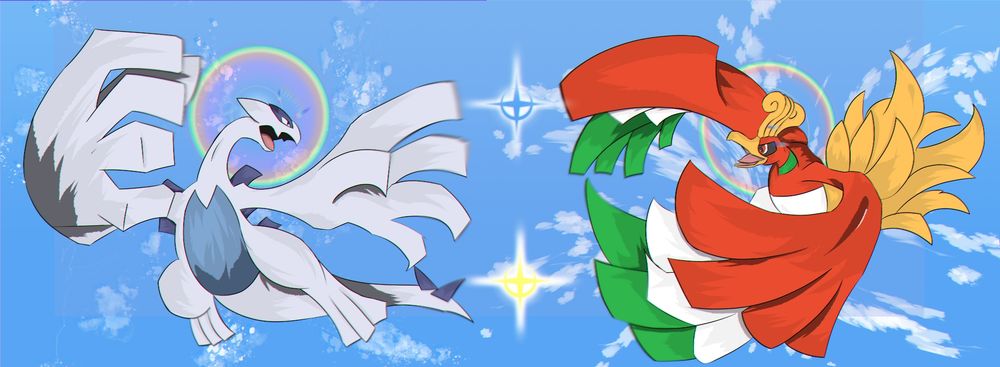 on the left is lugia flyign away from the ho-oh on the right. there are gold and blue stars in the middle. on the left theres air bubbles, and on the right theres clouds.