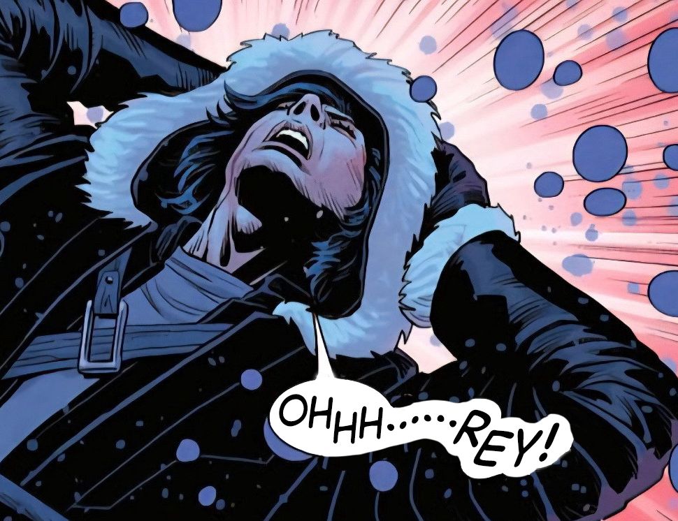 edited panel from the legacy of Vader comic featuring Kylo Ren wearing a black coat with a fur-lined hood, his head thrown back in apparent agony and/or ecstasy, with the dialogue ohhh Rey!