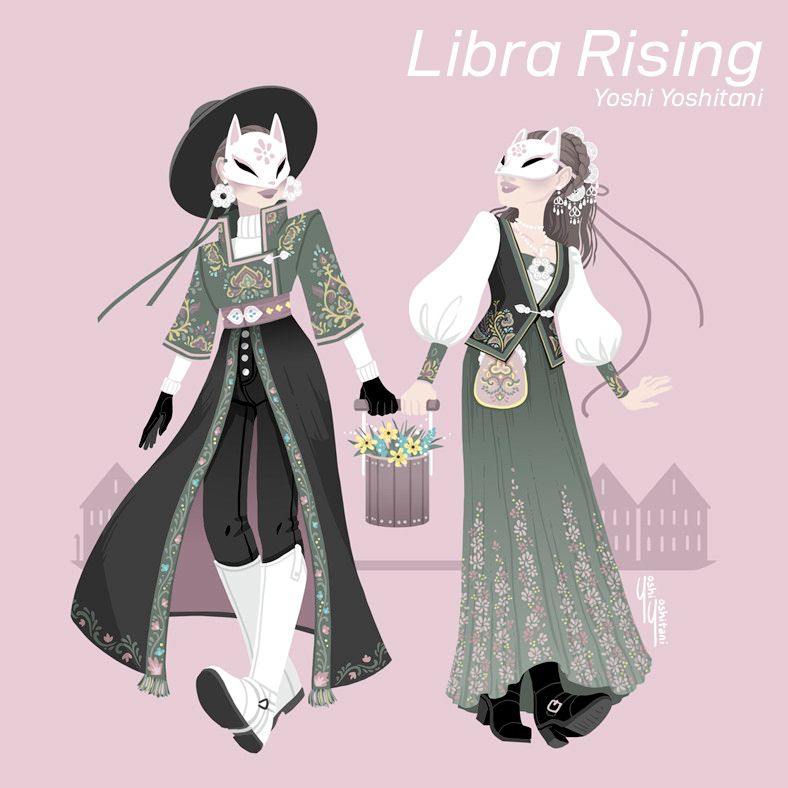 A drawing by Yoshi Yoshitani, titled 'Libra Rising', of two women in dark green embroidered outfits, wearing cat masks, and carrying together a bucket of flowers. One woman is slightly more masc and the other slightly more femme. It is easy to imagine they are a couple.