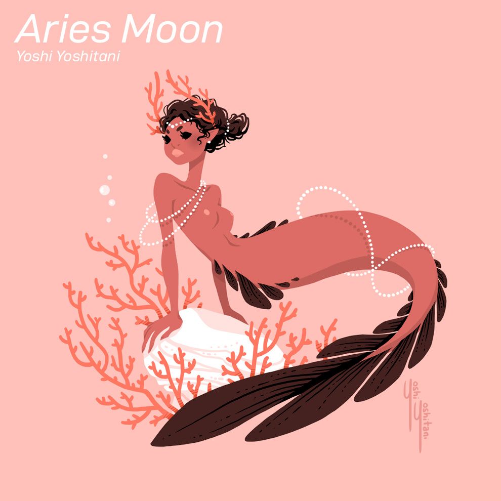 A drawing by Yoshi Yoshitani, titled 'Aries Moon', of a terracotta-and-coral-shaded mermaid. She wears fine strands of pearls, a coral crown, and nothing else.