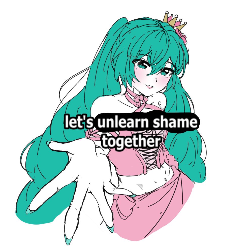 hatsune miku holding her out towards the viewer with the text "let's unlearn shams together"