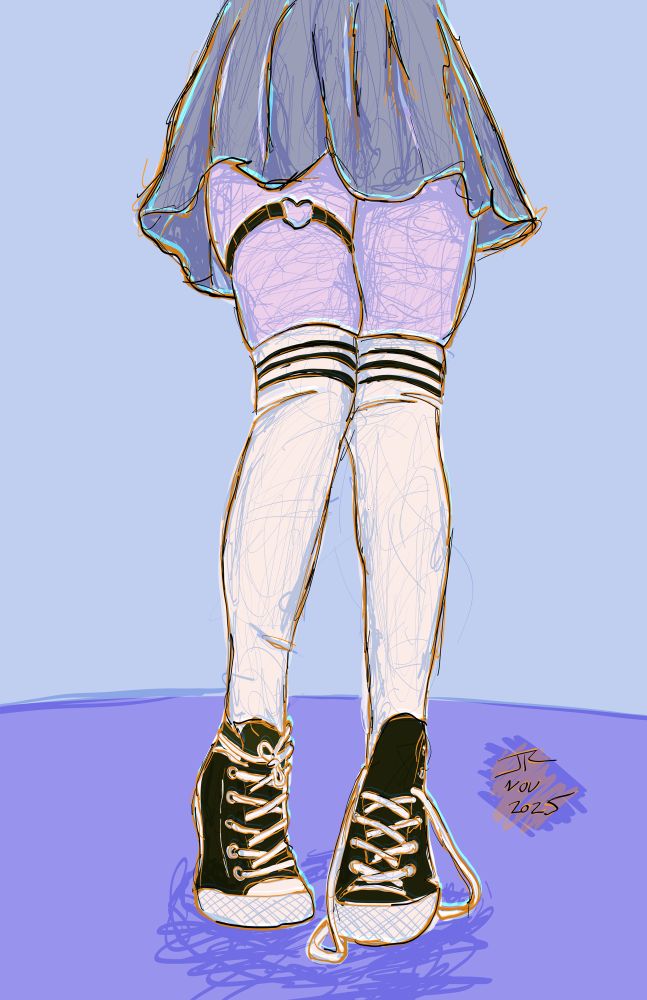 a drawing of the bottom half of a woman. she’s wearing a skirt and thigh high striped socks, as well as black converse sneakers. one of the sneakers is untied. she has a garter belt on with a heart as well