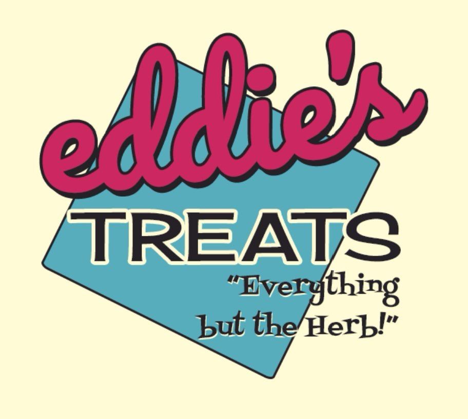a 1950s style logo that reads “eddies treats everything but the herb”