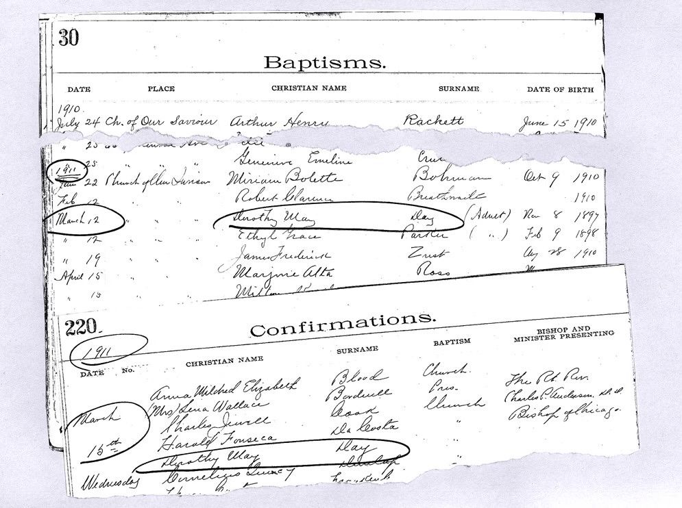 The baptism and confirmation register pages from Church of our Saviour (Chicago), showing Dorothy Day’s baptism (3/12/11) and confirmation (3/18/11?).