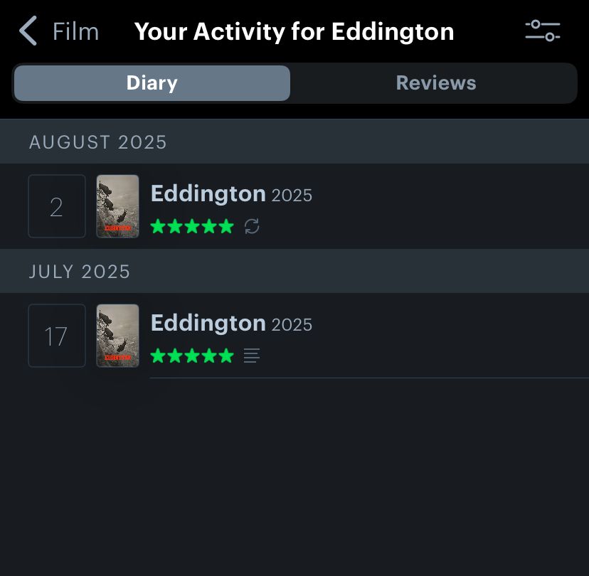 Screencap of my two 5 star letterboxd logs of Ari Aster’s EDDINGTON.  