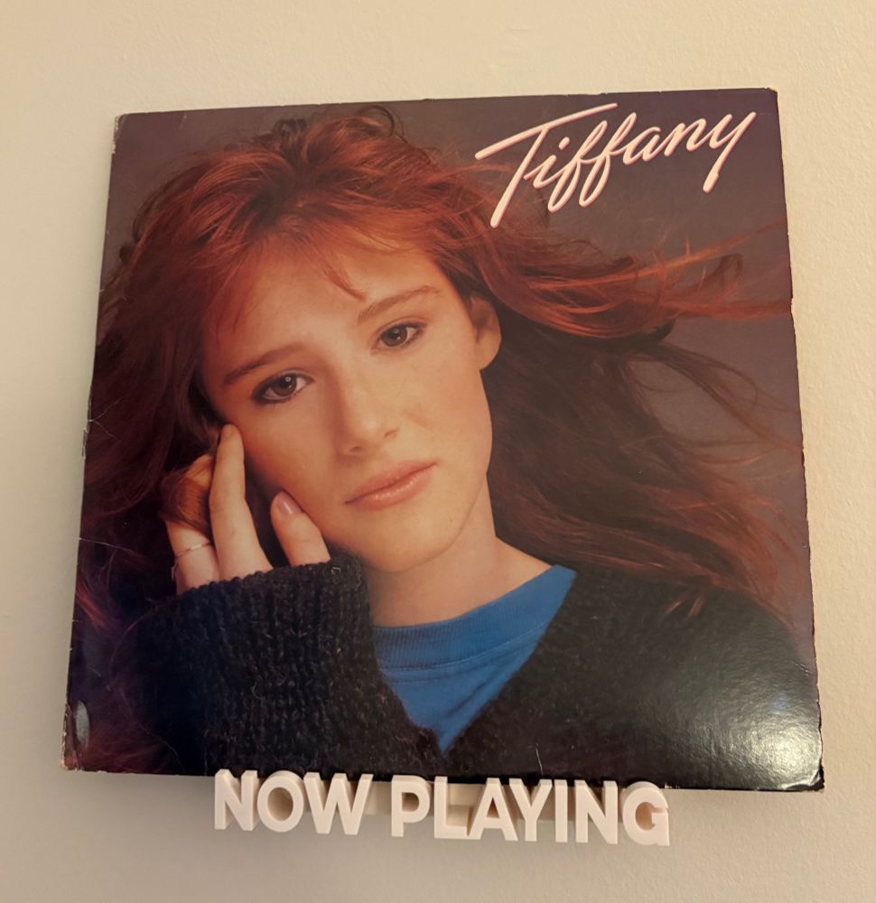 Record shelf that says "NOW PLAYING"

It's holding the Vinyl cover for Tiffany's self-titled album from 1987.
