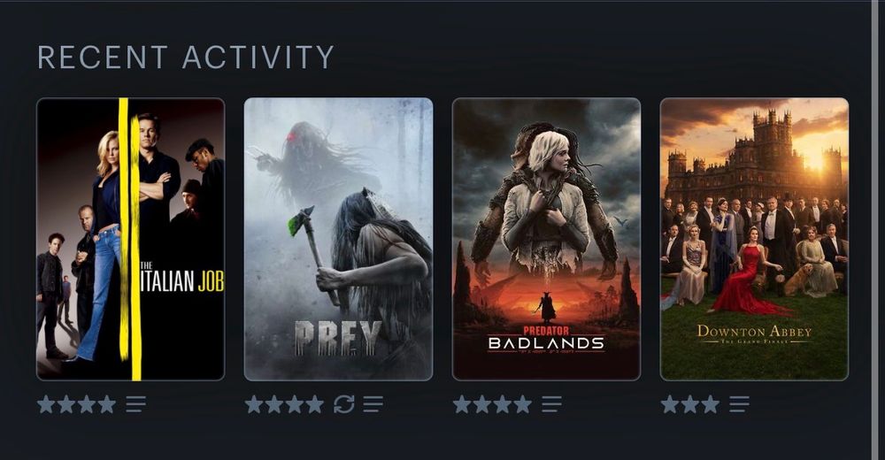 Recent Activity

The Italian Job (2003)
Prey (2022)
Predator: Badlands (2025)
Downton Abbey: The Grand Finale (2025)