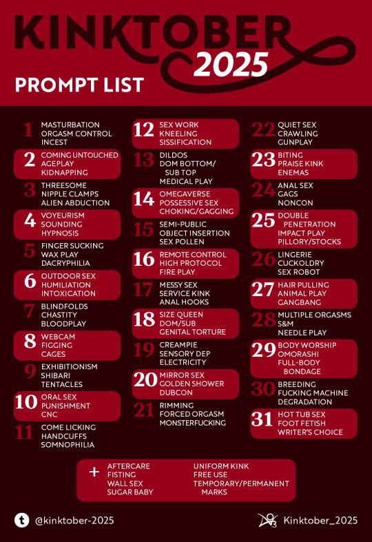 Kinktober 2025
Prompt List

    Masturbation – Orgasm Control – Incest
    Coming Untouched – Ageplay – Kidnapping
    Threesome – Nipple Clamps – Alien Abduction
    Voyeurism – Sounding – Hypnosis
    Finger Sucking – Wax Play – Dacryphilia
    Outdoor Sex – Humiliation – Intoxication
    Blindfolds – Chastity – Bloodplay
    Webcam – Figging – Cages
    Exhibitionism – Shibari – Tentacles
    Oral Sex – Punishment – Consensual Non-Consent
    Come Licking – Handcuffs – Somnophilia
    Sex Work – Kneeling – Sissification
    Dildos – Dom Bottom/Sub Top – Medical Play
    Omegaverse – Possessive Sex – Choking/Gagging
    Semi-Public – Object Insertion – Sex Pollen
    Remote Control – High Protocol – Fire Play
    Messy Sex – Service Kink – Anal Hooks
    Size Queen – Dom/Sub – Genital Torture
    Creampie – Sensory Deprivation – Electricity
    Mirror Sex – Golden Shower – Dubcon
    Rimming – Forced Orgasm – Monsterfucking
    Quiet Sex – Crawling – Gunplay
    Biting – Praise Kink – Enemas
    Anal Sex – Gags – Noncon
    Double Penetration – Impact Play – Pillory/Stocks
    Lingerie – Cuckolding – Sex Robot
    Hair Pulling – Animal Play – Gangbang
    Multiple Orgasms – S&M – Needle Play
    Body Worship – Omorashi – Full-Body Bondage
    Breeding – Fucking Machine – Degradation
    Hot Tub Sex – Foot Fetish – Writer’s Choice

Bonus prompts:

    Aftercare
    Fisting
    Wall Sex
    Sugar Baby
    Uniform Kink
    Free Use
    Temporary/Permanent Marks