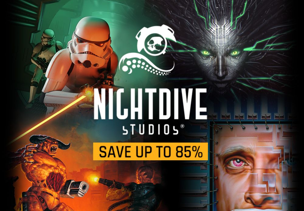 Promo image for the Nightdive Publisher Sale on Steam showing key art for four games, including: STAR WARS: Dark Forces Remaster, System Shock 2: 25th Anniversary Remaster, DOOM + DOOM II, and I Have No Mouth, and I Must Scream along with text that reads "Nightdive Studios - Save up to 85%"