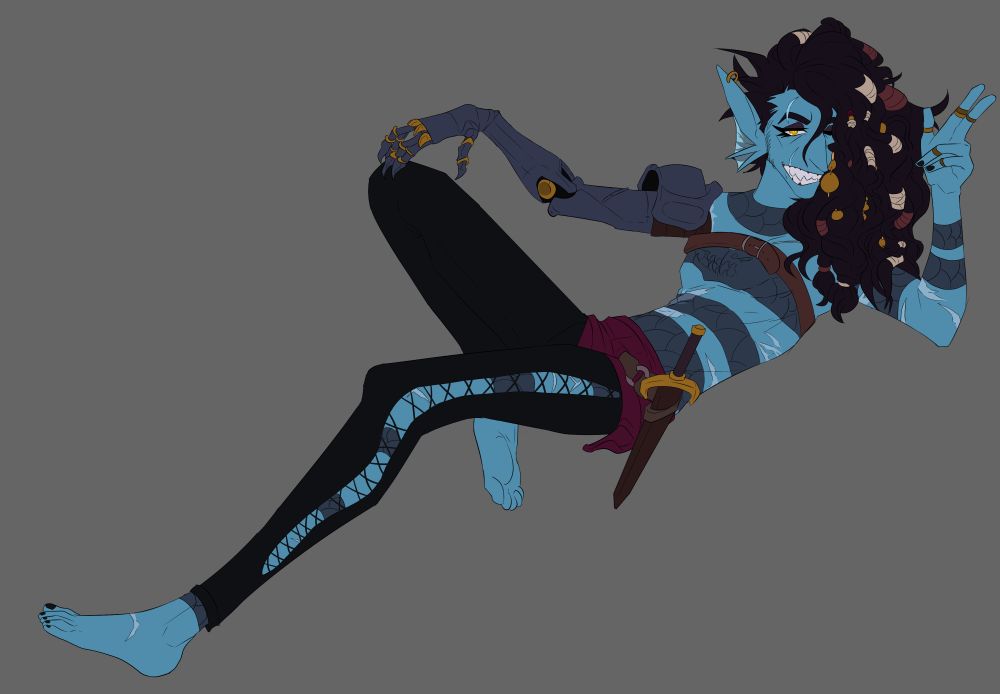 WIP doodle of a blue genasi/triton, whos name is jin, is lounging around. theres no background. jins covered in serpent motif tattoos, has unkept long black hair, a metal right arm, and scars across his body. hes wearing black pants and a red scarf around his waist, with a dagger on his hip.
