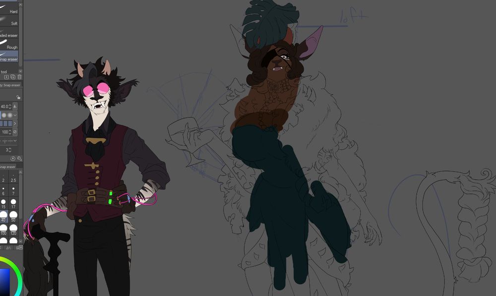 wip sketch of two firbolgs, one half colored. the one on the left is a guy with small horns and large pink glasses with fancier clothes and a cane. the girlie on the right has a lot going on with furs and plants but that aint figured out yet