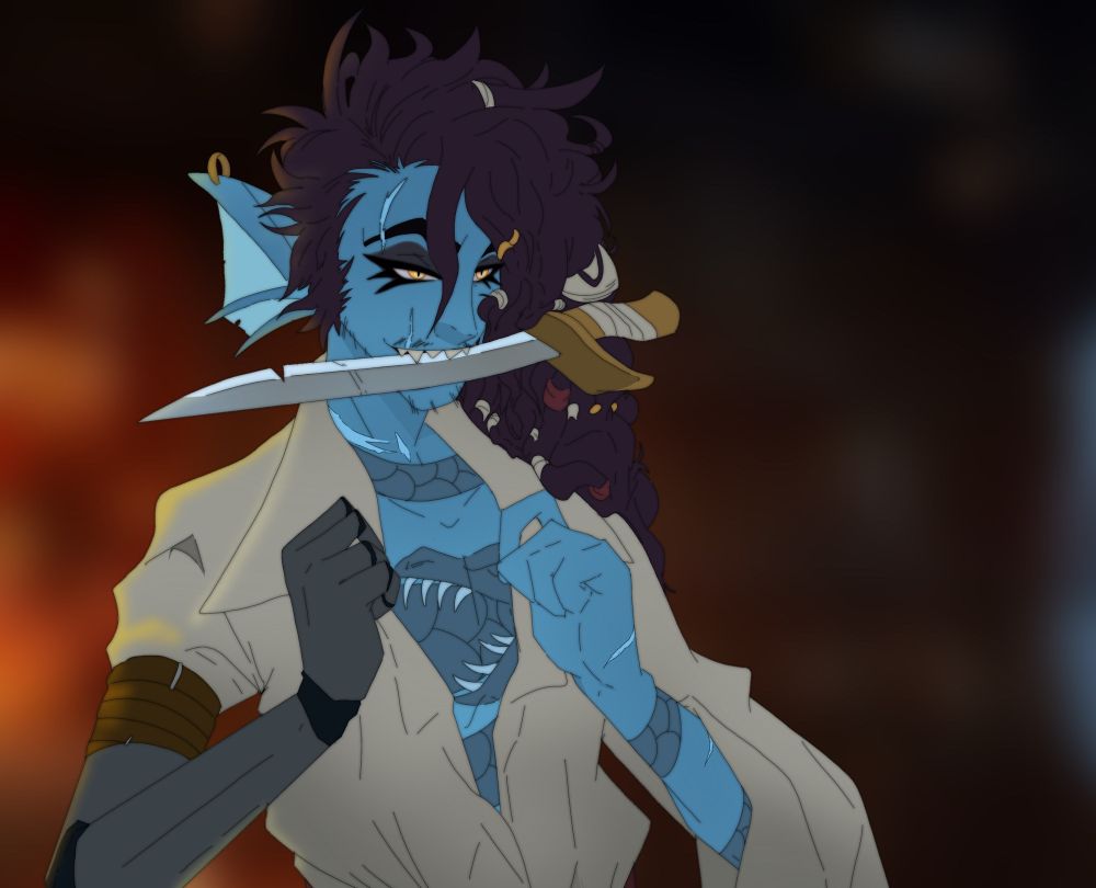 the same pirate genasi/triton with a dagger in his mouth, unbuttoning his shirt 