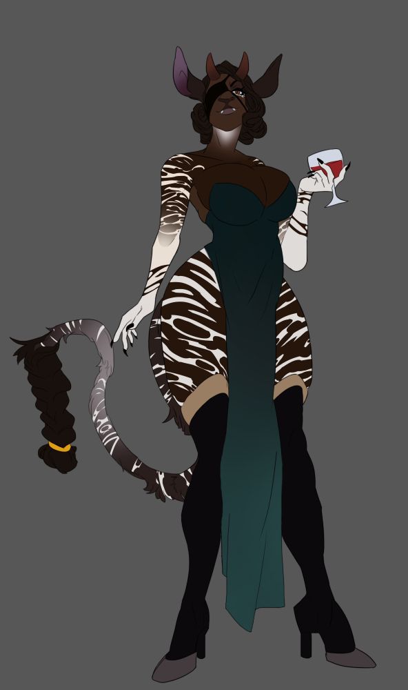 a drawing of a tall firbolg woman with an okapi motif- her arms and legs have stripes while the rest of her body is a dark brown. she has small horns coming out of her forhead, long ears, and is missing an eye. she stands looking down at the camera with a wine glass in her hand