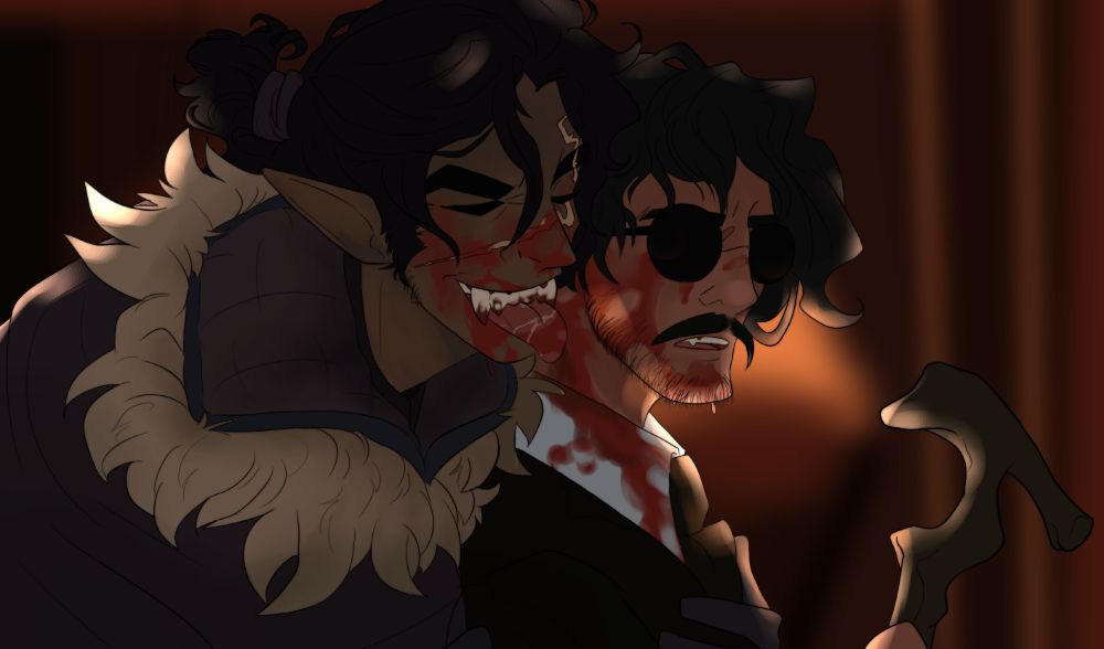 two men, a dhampir and a half elf, standing close together. the dhampir is pulling the half elf backwards with his chest against his back and is licking up a mess of blood off his face. the half elf looks irritated 