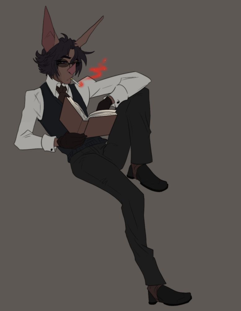 a drawing of an elf with large bat-like ears and a curled up bat-like nose, smoking a cigarette and reading a book