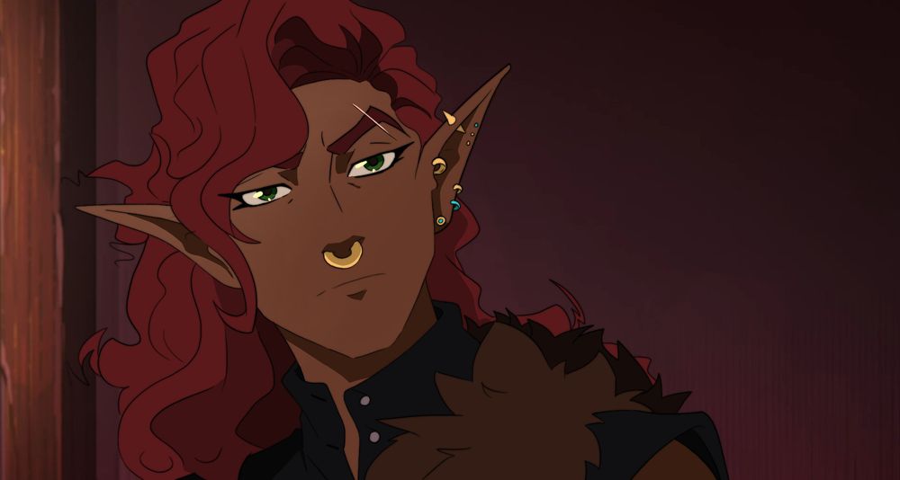 a fake screencap, a drawing of an elf with long curly red hair, darker skin, and a fur over her shoulder. she has a nose piercing, and several ear piercings in one ear, and a scar over her left eyebrow. she doesnt look amused 