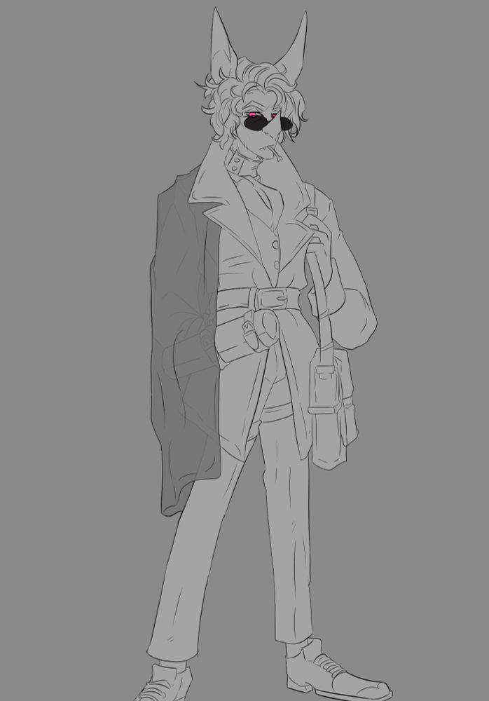 wip doodle of a bat-like elf with tall ears and a bat-like nose. hes wearing sunglasses and has a bag over his shoulder and another on his belt. his clothes are mildly fancy 