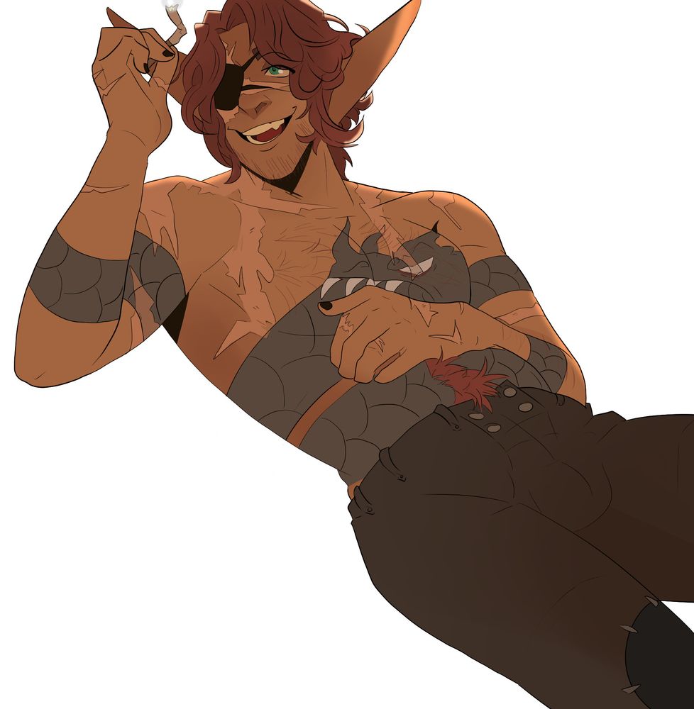 drawing of an elf with an eyepatch over his right eye, short choppy red hair, and scars across his upper body and face. hes leaning back with a smile on his face and holding a bent cigarette 