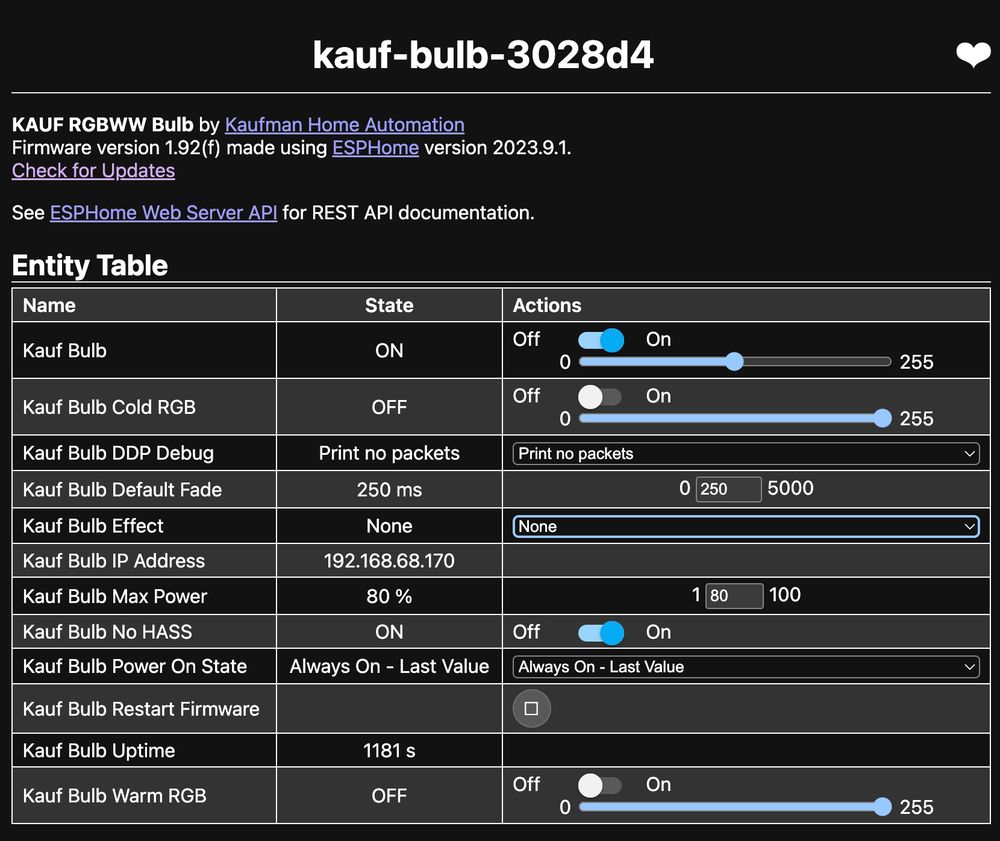 web management interface for a light bulb with 13 different options 