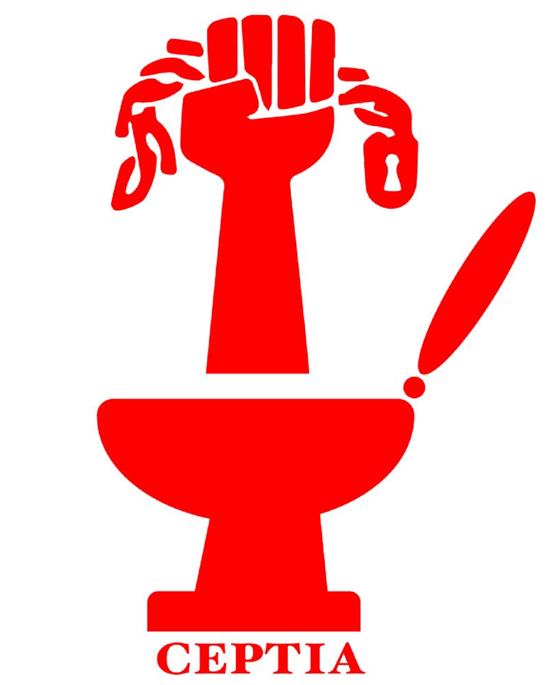 Poster for CEPTIA, a communist propaganda style poster with a raised fist coming out of a toilet and breaking the shackles that bound it
