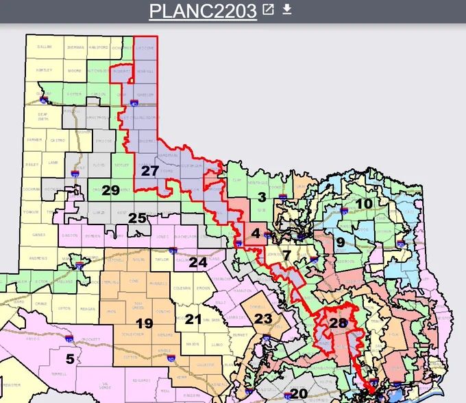A snaky district going from Houston to the top of the Pandandle