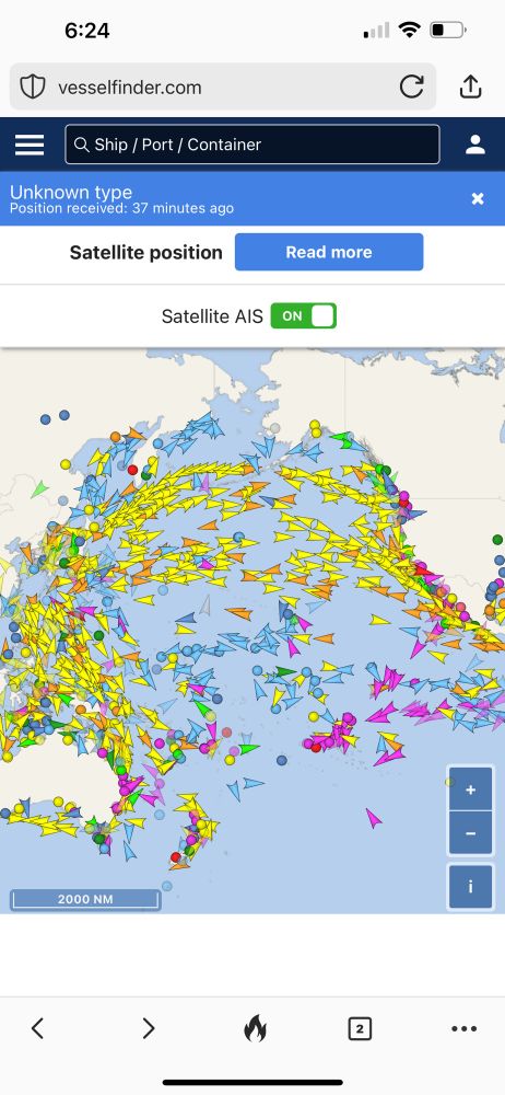 Map of Pacific Ocean with hundreds of yellow container ship arrows going east, west, north and south. 