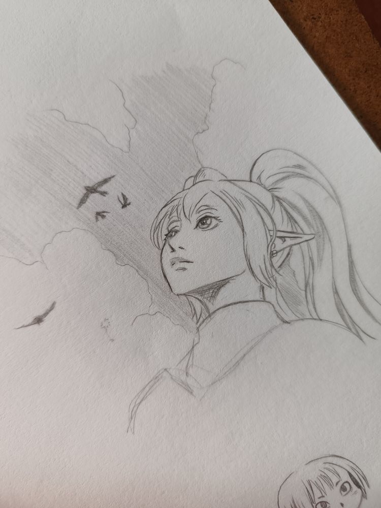 Photo of a pencil rendition of the now infamous Frieren  meme where a beginner artist tried to draw a very hard low angle of the character looking up with both eyes being visible. Her clothes aren't detailed at all. She has some clouds, shading for a sky and birds as an added backdrop. There is another unrelated doodle poking out in the lower right corner.