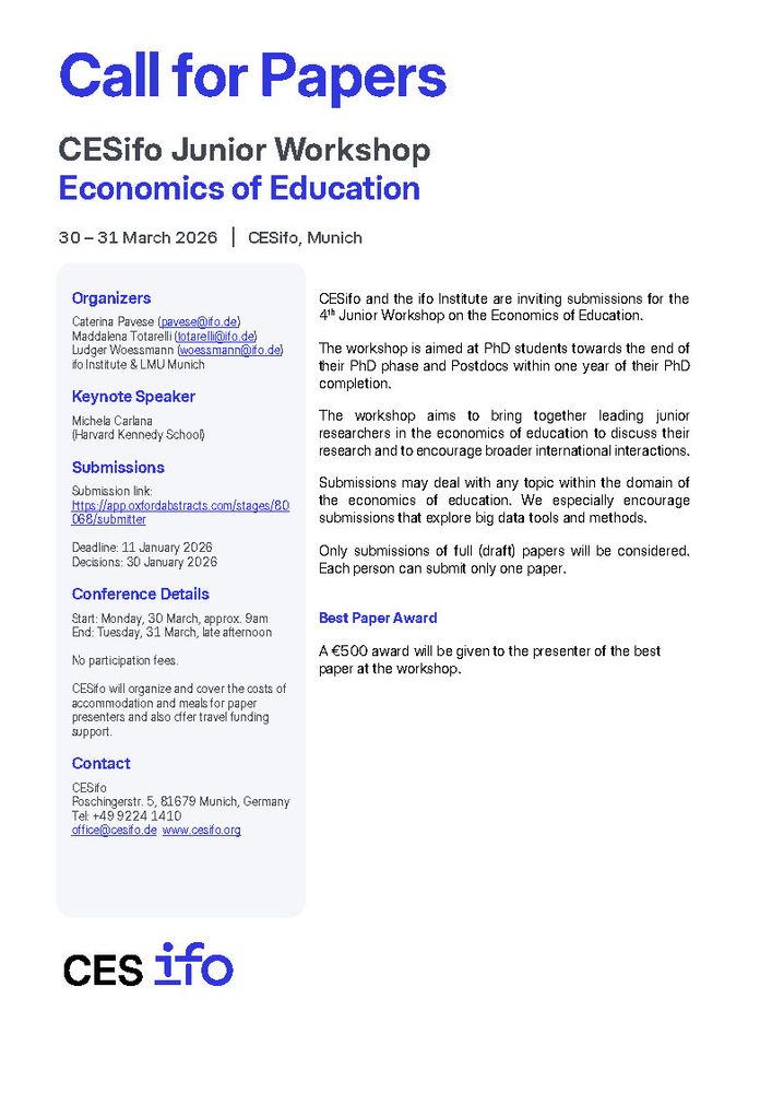 Call for Papers: Junior Wokshop on Economics of Education 