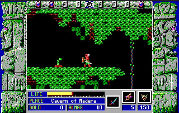 Screenshot from old game Zeliard, showing a figure with a sword and shield in a green leafy setting.
