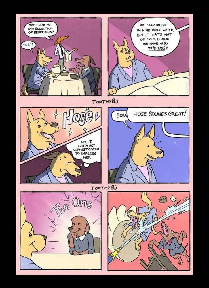 6 panel comic of two dogs on a date.
Dog Waiter: May I offer you a select room of beverages? Dog 1: Sure.
Dog waiter: We specialise in fine bowl water, but if that’s not to your liking we also have the hose.
Dog 1 lights up at the suggestion of the hose. Then squints, thinking to himself: No. I gotta act sophisticated to impress her.
Dog 1: Bowl… Dog 2 interrupting: Hose sounds great!
Shows a feminine looking dog sitting opposite dog 1, with surrounded by a glow and the words “The One”.
Final panel: Both dogs excitedly knocking the table over and jumping to get at a stream of water from the hose.