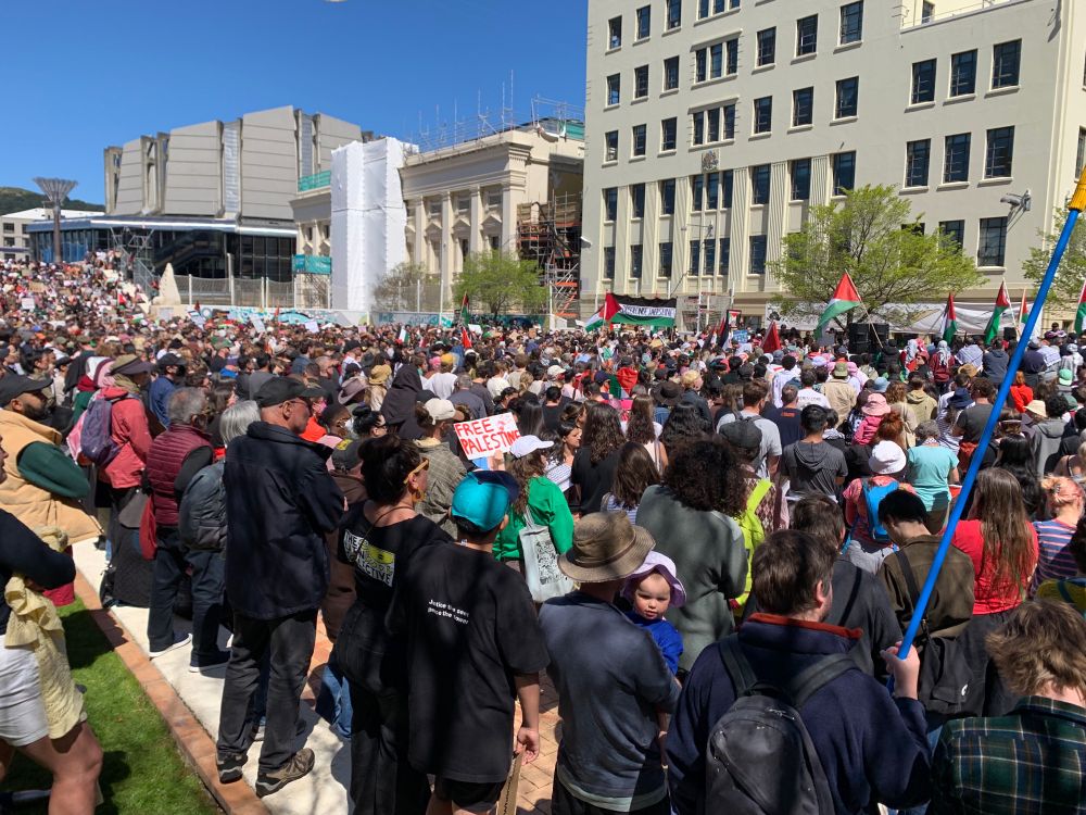 View of a crowd of several thousand pro Palestine protesters rallying in Civic Square