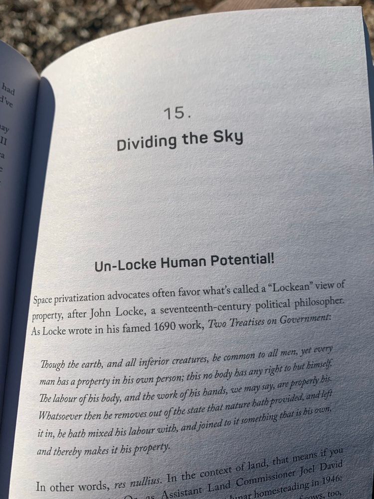 A photo of a page of a book showing a chapter heading ‘Dividing the Sky’ with the sub heading ‘Un-Locke Human Potential’ referring to political philosopher John Locke