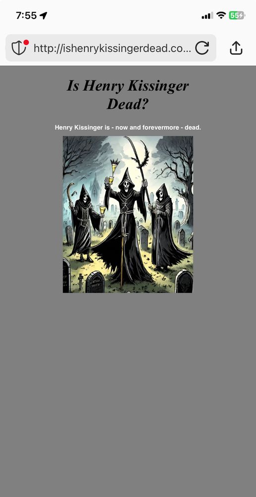 Screenshot of the website Is Henry Kissinger Dead .com showing a picture of three skeletons in a graveyard and the words “Henry Kissinger is - now and forevermore - dead.”