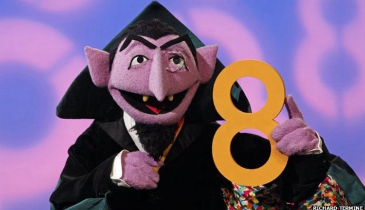 A screenshot of Count von Count from the Muppets holding a big number eight.