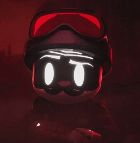 a cartoon character wearing a helmet and goggles with a mustache